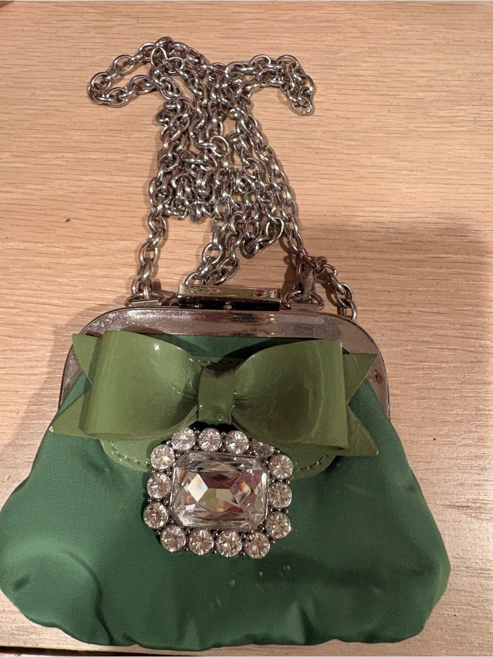 Vintage My Flat in London Green Satin Bow Clutch with Rhinestones